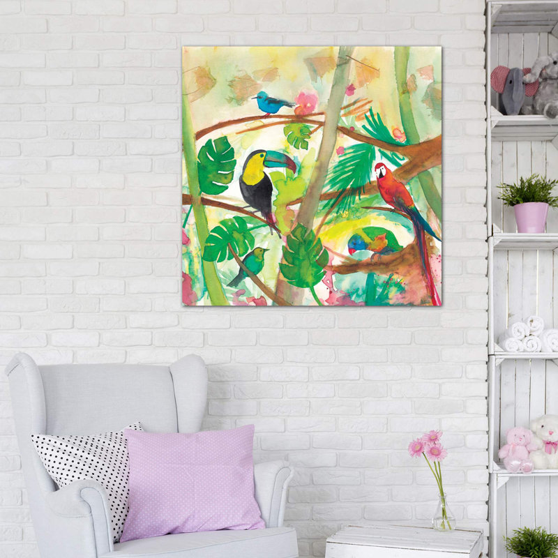 Oiseaux tropicaux - imprimé, H 48 po x l 48 po x 1,5 po, Toile tendue, Pas de tapis