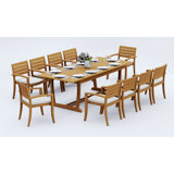 9 Pcs Grade-A Teak Wood Dining Set: 94" Double Extension Mas Rectangle Trestle Leg Table And 8 Travota Stacking Arm Chairs #11TV2108