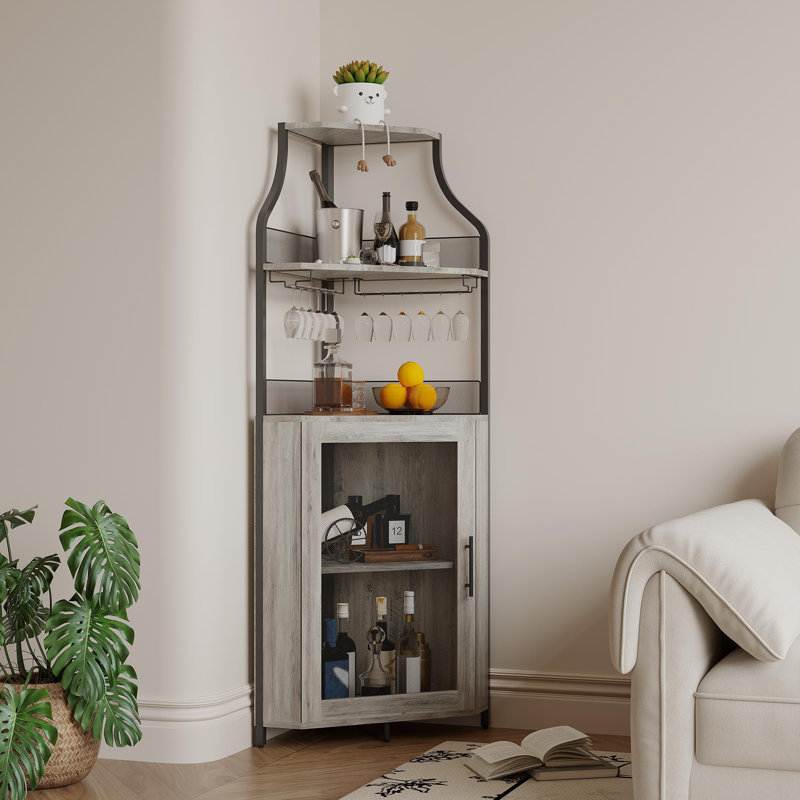 Armoire de bar d'angle avec porte-bouteilles en verre 5 niveaux, Gris, Avec lumière