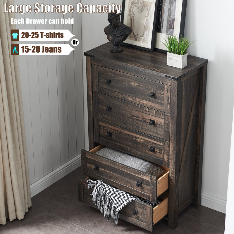 Grantville Farmhouse 5 - Drawers Dresser Organizer, Rustic Tall Chest of Drawers for Bedroom
