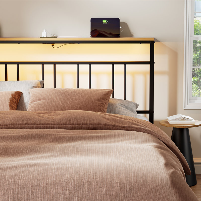 Floating Bed Frame with Storage Headboard,Modern Metal Platform Bed with LED & Charging Station,No Box Spring Needed, King