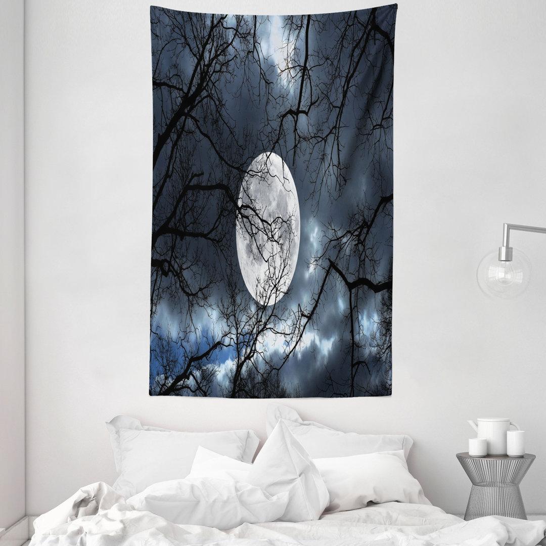 Wandteppich, Mond in der Nacht in Wald, Winter, Schwarz Blau Gelb