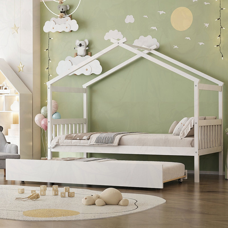 Lit en bois avec lit gigogne simple, Simple, Blanc