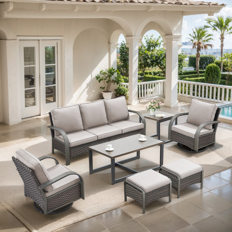 Bobra 6 Pieces Outdoor Backyard Furniture Set With Swivel Chairs, Beige