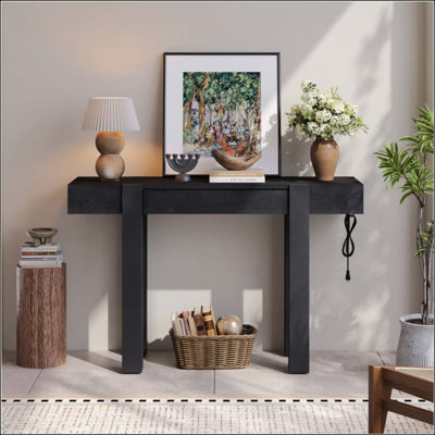 Console rustique minimaliste avec tiroir caché, prise de courant latérale, table d'entrée en bois pour les entrées, les salons et les bureaux à domicile