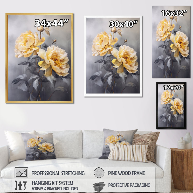 " Yellow Gray Peony Serenity ", 40" H x 30" W x 1.5" D, White Floater Framed