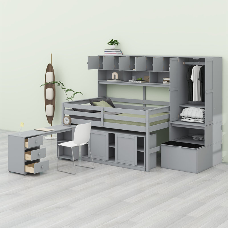 Jazhari Multifunctional Loft Bed with Stair, Desk, Cabinet and Wardrobe, Full, Grey