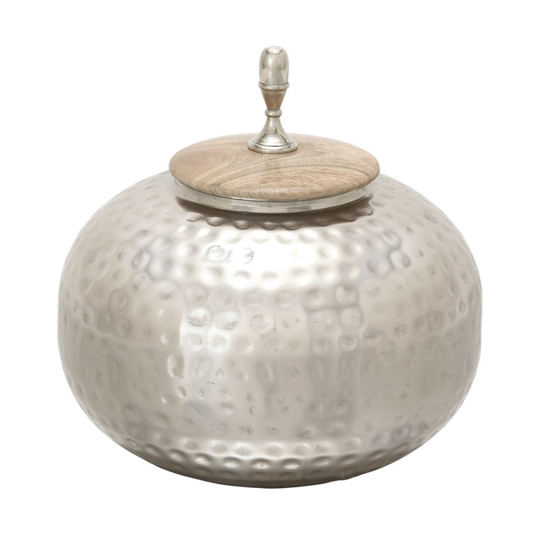 Silver Hammered Metal Decorative Jar with Wood Lid