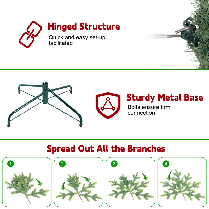 Arbre de Noël vert avec lumières à DEL blanc chaud - arbre en PVC mince avec embouts, conception compacte, support en métal stable, facile à assembler