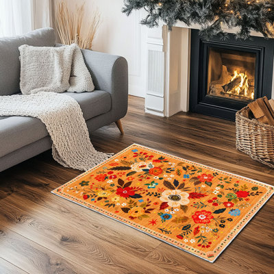 2'×3' Orange Non-slip Area Rug, Boho Flower Washable Low Pile Indoor Entrance Mat For Living Room