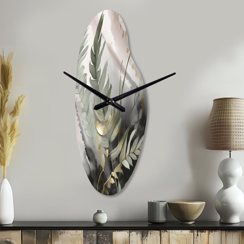 Horloge murale asymétrique en métal Kaltcheva Green Fern Whispers I - Ferns, Grand