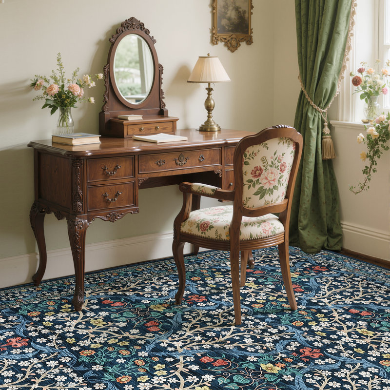 Vintage Floral Area Rug Washable Rugs Stain Resistant Easy Cleaning Indoor Carpet With Non-Slip Backing Low Pile Floor Cover Non Shedding Folding Throw Carpet For Home Decor