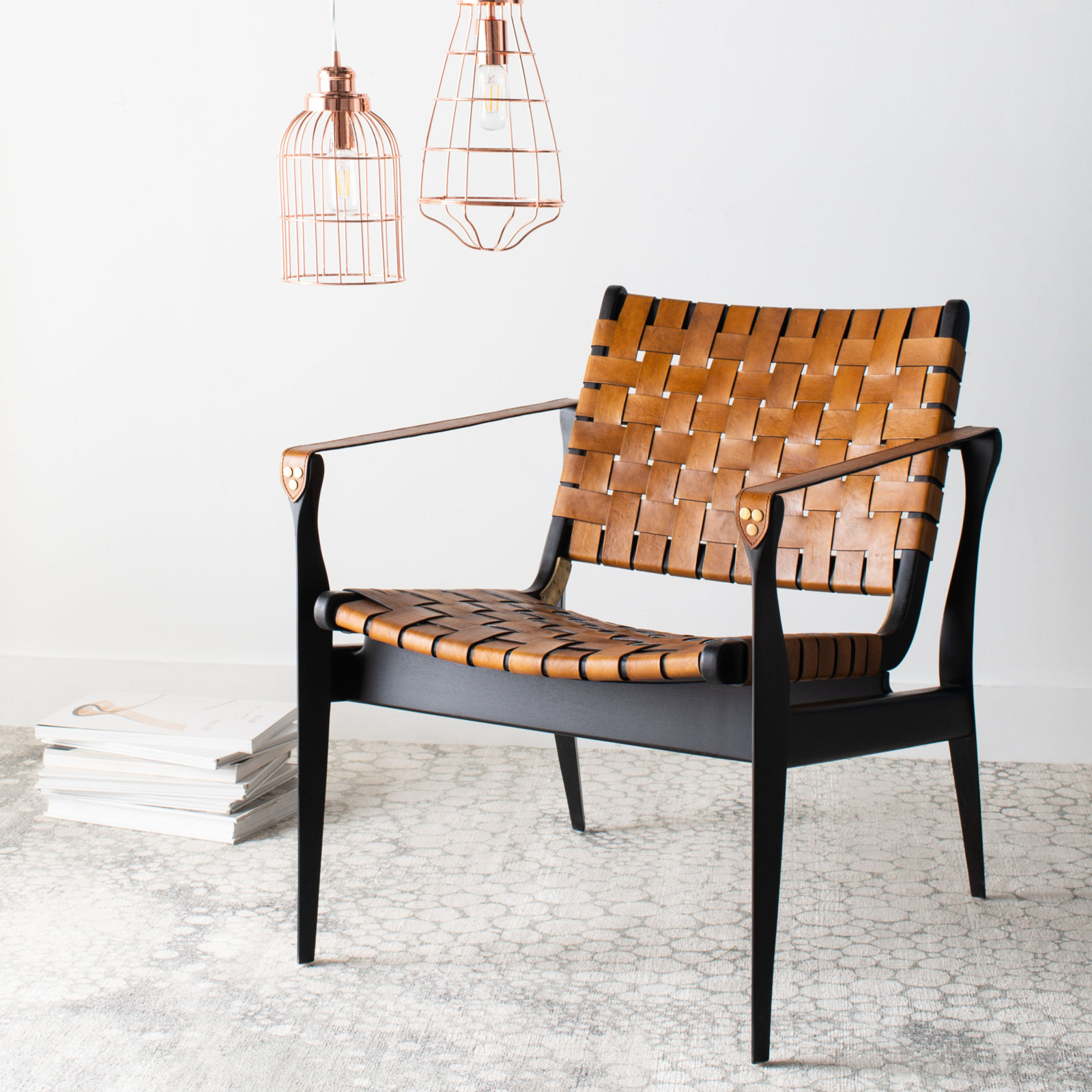 Kenan Upholstered Armchair, Brown Genuine Leather, Black