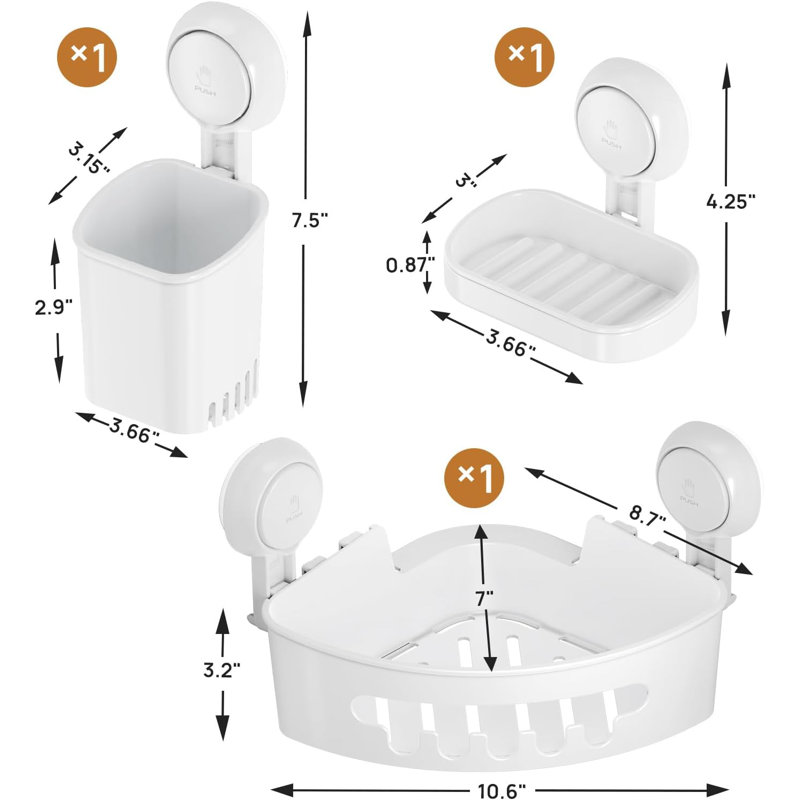 Organisateur de panier de douche No-Drill avec ventouses - L'ensemble 3 pièces comprend un panier de douche, un porte-brosse à dents et un porte-savon - Rangement de salle de bain imperméable pour carreaux de céramique, verre et surfaces lisses