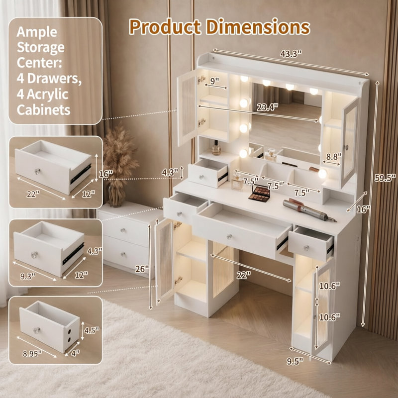 43.3" Makeup Vanity Desk with Mirror & Lights, Vanity Table with Power Outlet, 4 Drawers, Open Shelving & 4 Large RGB Transparent Cabinets for Bedroom