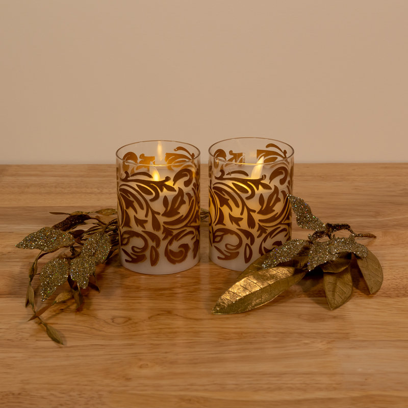 Battery Operated LED Glass Candles with Flickering Flame, Baroque Swirl - 2 Piece, Gold
