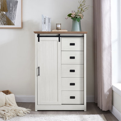 5 Drawers Dresser W/Sliding Barn Door, Farmhouse Modern Tall Dresser 5 Chest Of Drawers, Storage Organizer Dresser For Bedroom, Hallway, Living Room, Kids Room