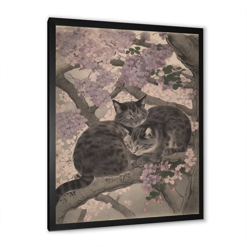 «Two Gray Kitting Sleeping In A Tree», impression sur toile, H 32 po x l 16 po x P 1 po, Cadre simple noir
