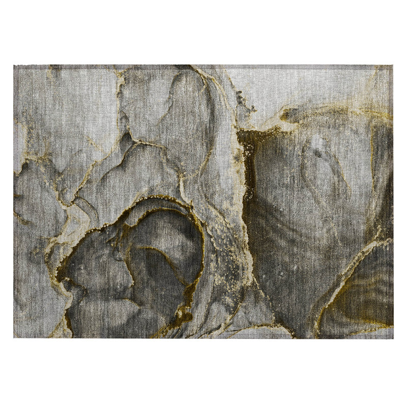 2' X 3' Gray and Gold Abstract Washable Non Skid Indoor Outdoor Area Rug