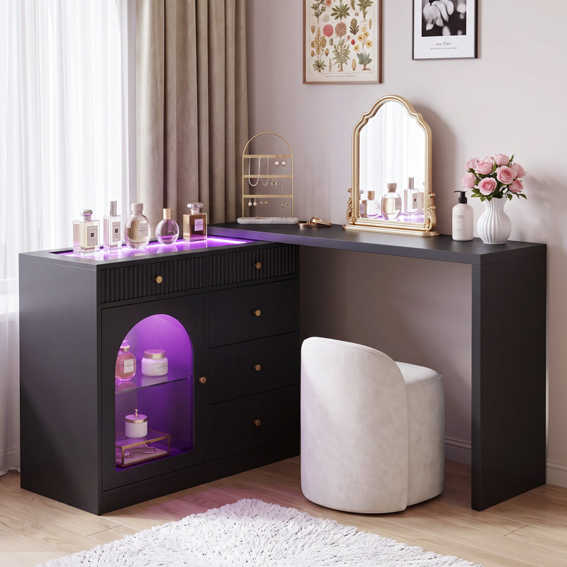 Meuble-lavabo extensible 3 en 1 avec lumières DEL, 5 tiroirs et vitrine en acrylique - Table de maquillage en forme de L avec façade cannelée et télécommande