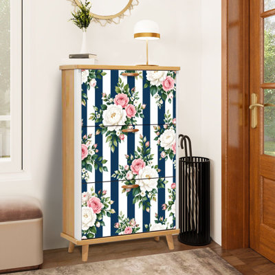 Meuble à chaussures à 3 tiroirs rabattables, motif floral roses (roses, roses blanches, rayures marines), étagère à chaussures étroite et discrète en bois, idéale pour entrée, couloir, hall d'entrée, garde-robe ou petit espace en appartement.