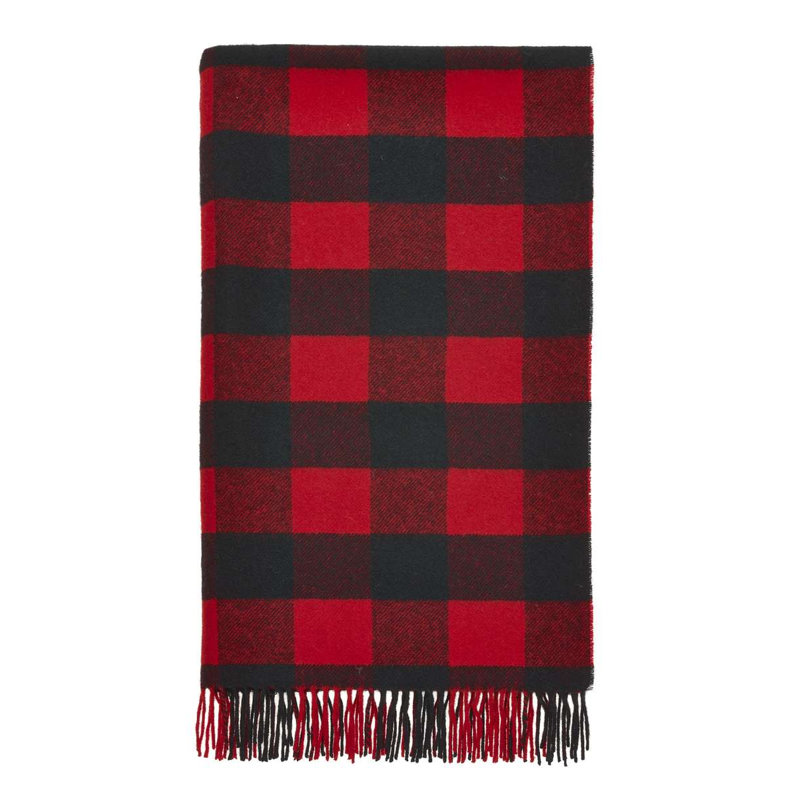 Jeté en laine Shetland, Noir / gris / rouge géométrique