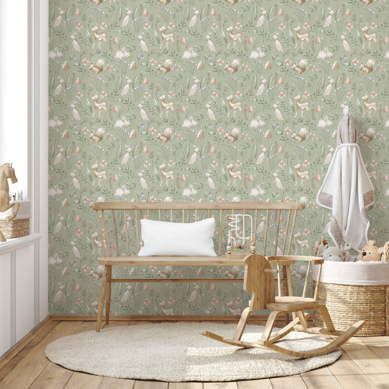 Papier peint forêt fantaisiste sauge, Vert