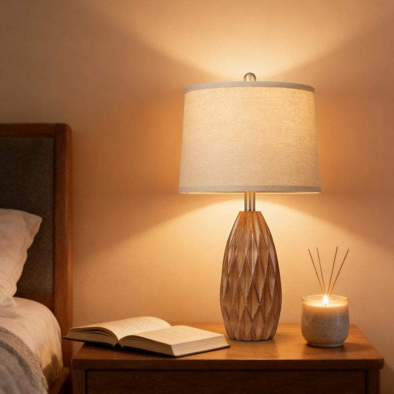 Ensemble de 2 lampes de table modernes avec abat-jour en lin, corps en résine de grain de bois en forme de losange pour le salon, la table de chevet ou le bureau, y compris les ampoules