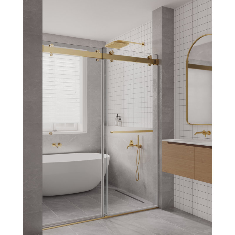 Satin Gold Frameless Double Sliding Shower Door with Clear Tempered Glass