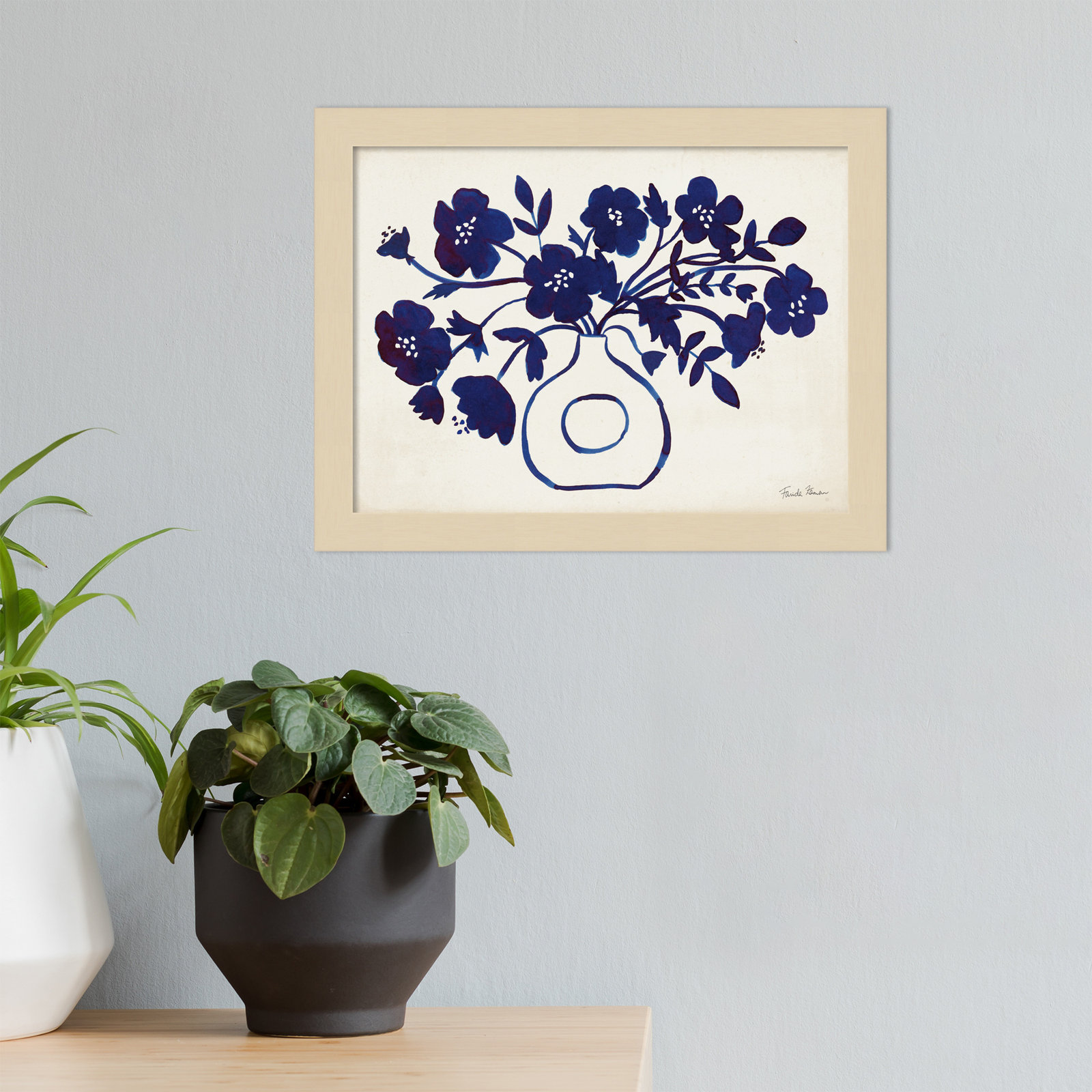 Modern Blue Vase II Print by Farida Zaman, 10" H x 13" W x 1" D, Brown