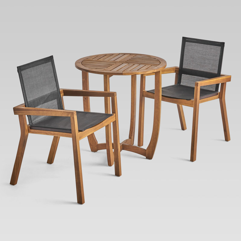 2 - Person Acacia Solid Wood Patio Dining Set Round Table, Black, Teak Finish