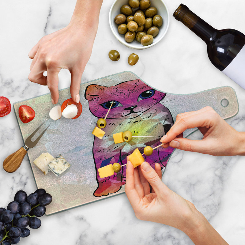 Ambesonne Pink Tempered Glass Cutting Board Retro Digital Robot Cat Pink Fuchsia
