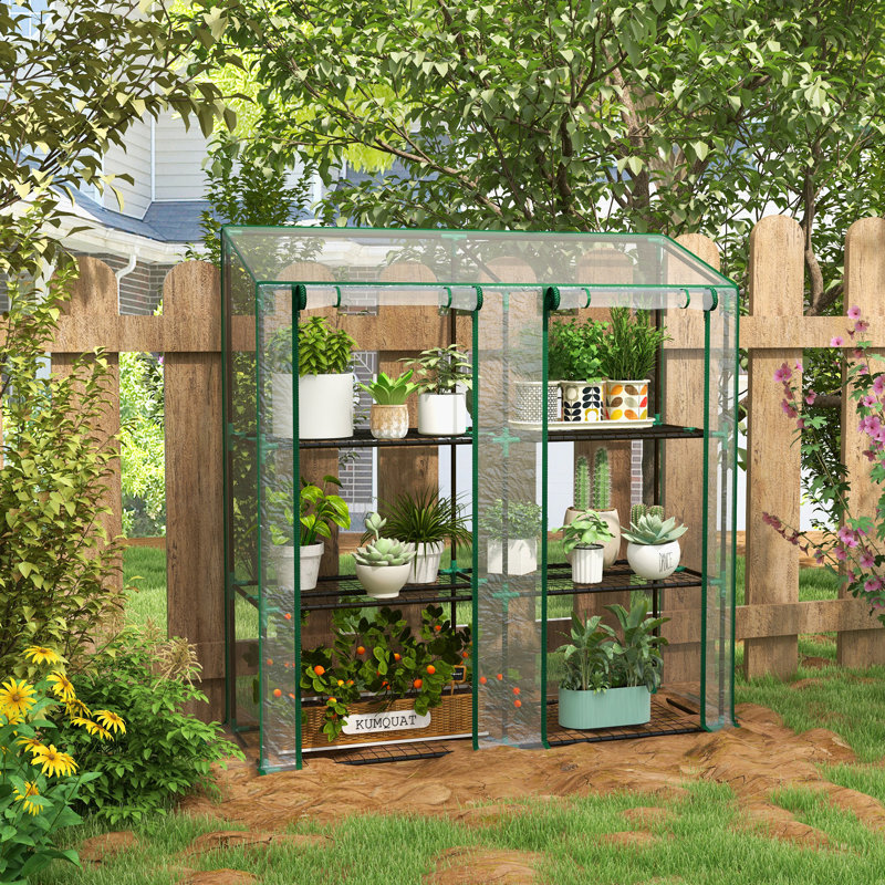 Outsunny Lean-to Greenhouse with 3 Tier Shelves, 56.3" x 18.1" x 59.4" Portable Small Greenhouse with 2 Roll-Up Zippered Doors, Transparent Plastic Cover, for Indoor Outdoor Garden Backyard, Clear