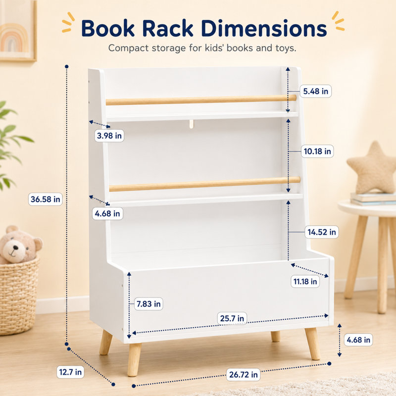 Meuble de rangement blanc multifonctionnel pour enfants, servant à de multiples usages : bibliothèque, présentoir à magazines et rangement pour jouets.