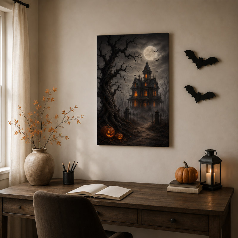 «Haunted Mansion with Glowing Windows And Pumpkins», art mural sur toile, H 36 po x l 24 po