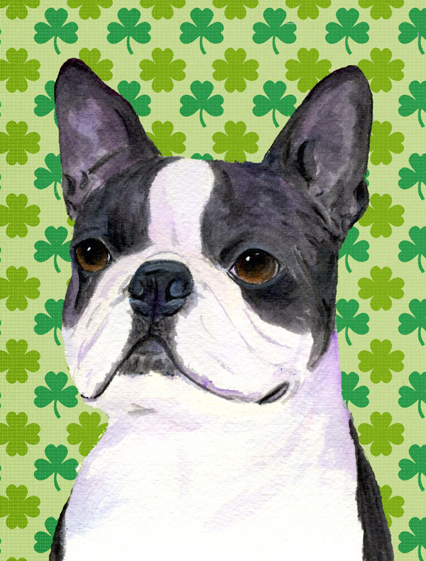 Drapeau de jardin à 2 côtés st. patrick day trèfle, Terrier de Boston (gris et blanc)
