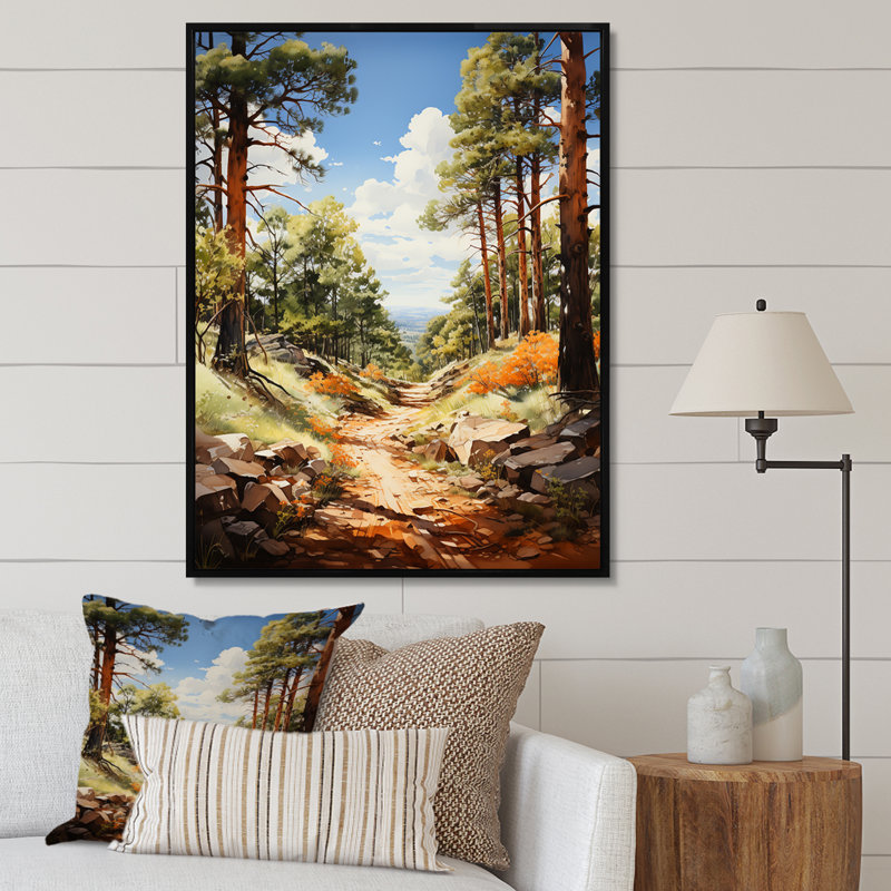 Pine Tree Sunlit Path I - reproduction de cadre flottant sur toile, Cadre photo noir, H 32 po x l 24 po x P 1 po