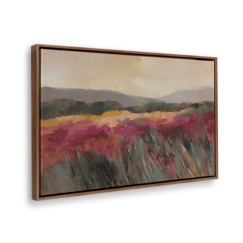 «Coral and Magenta Meadow» par Silvia Vassileva, reproduction d'art sur toile, H 18 po x l 24 po, Cadre flottant, Brun