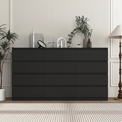Commode 12 tiroirs Mid-Century moderne pour chambre à coucher avec poignée cachée - noir