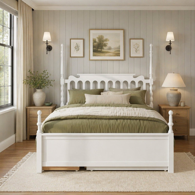 Grand lit plateforme avec lit gigogne simple TG et 2 tiroirs de rangement, lit en bois classique avec tête de lit à broche, blanc