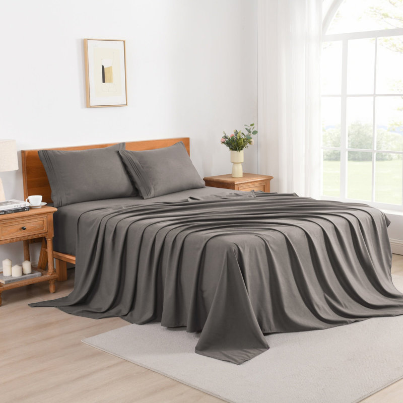 3/4 Pcs Soft Solid & Embroidery Bed Sheets Set, Twin, Gray