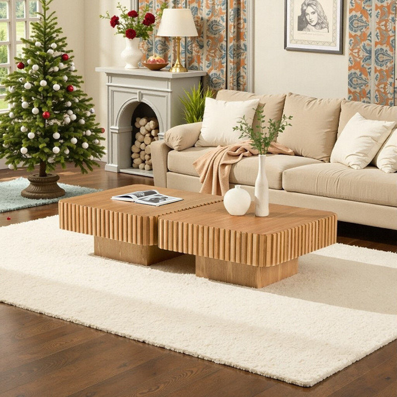 Ensemble de 2 tables basses carrées modernes de 31,5 pouces avec base en MDF et piédestal, Naturel