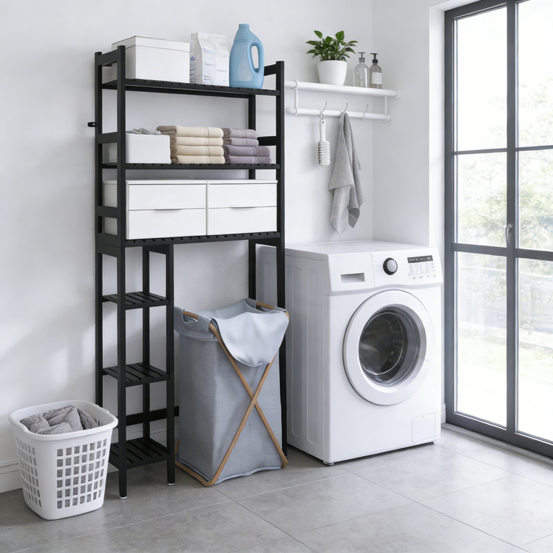 6-Tier Bamboo Over The Toilet Storage With Side Shelves 2 Drawers Black, Black