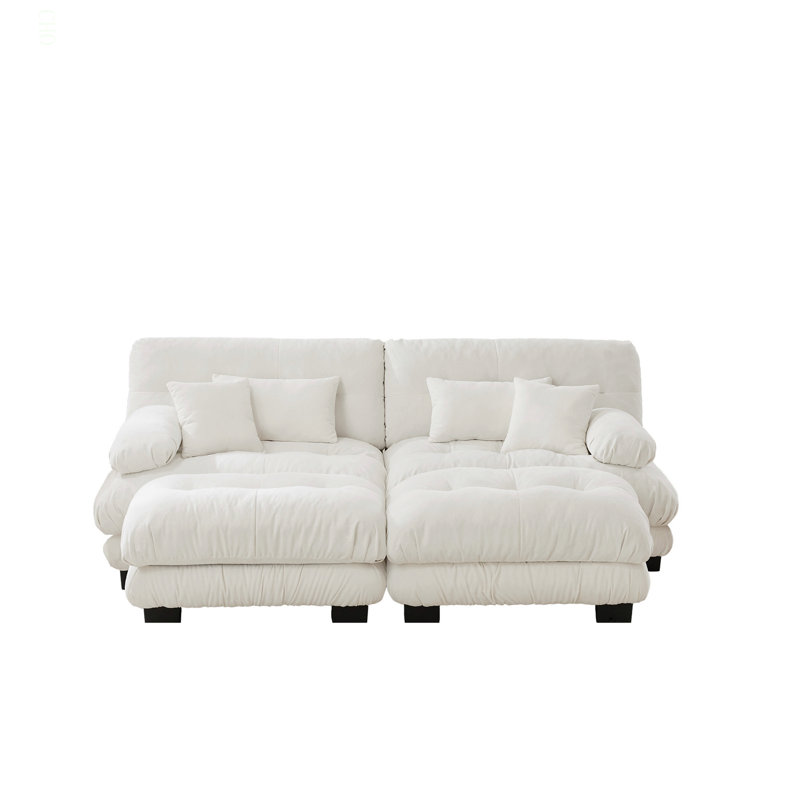 Canapé-lit Cloud Couch pour le salon, canapé 2 places en chenille avec 2 coussins lombaires et 2 coussins décoratifs, canapé rembourré à larges accoudoirs avec 2 repose-pieds, blanc chenille