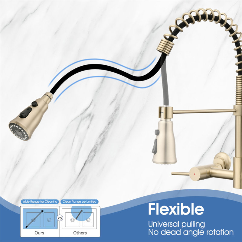 3 Functions Wall Mounted Bridge Kitchen Faucet, Brushed Gold