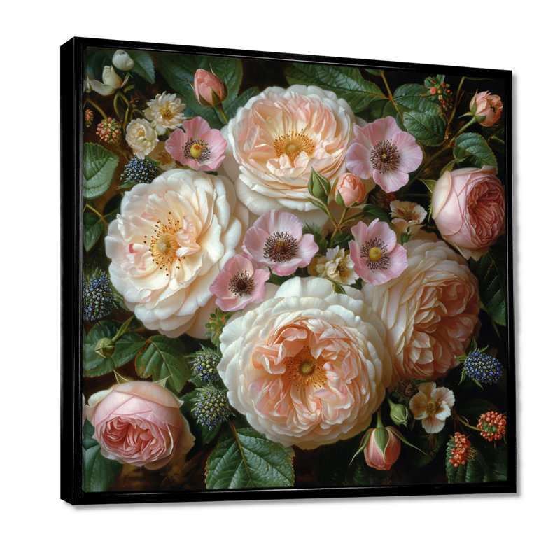 Blooming, rose, blanc, chrysanthèmes, Toile avec cadre flottant noir, H 16 po x l 16 po x P 1 po
