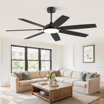  Ventilateur de plafond noir moderne à 7 pales de 62 po avec lumière et télécommande Cissline pour le salon