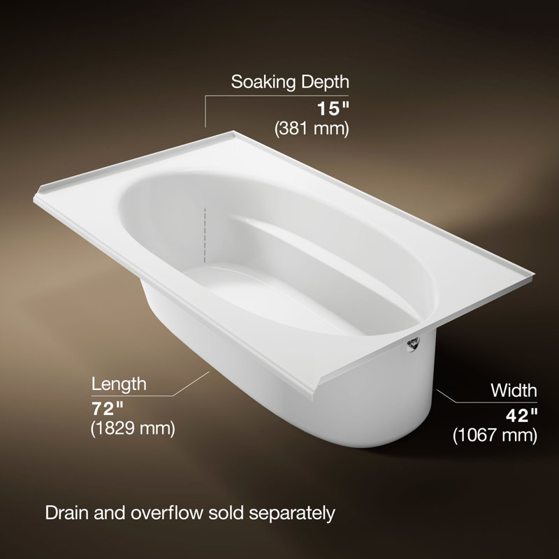 Windward 72" x 42" Drop In Soaking Bathtub, White, Right