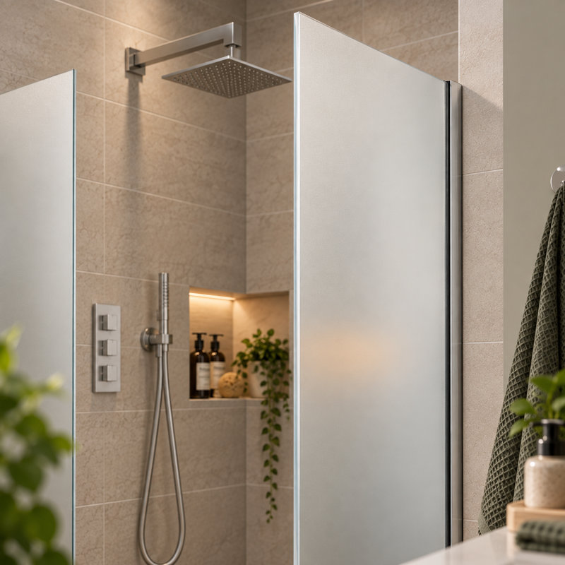 Foden Framed Fixed Glass Panel with Frosted Glass, 200cm H x 68cm W, Chrome