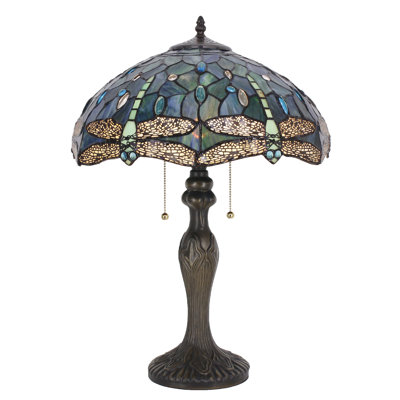 Tiffany Table Lamp Stained Glass Dragonfly Style 16X16X24 Inch Antique Reading Light